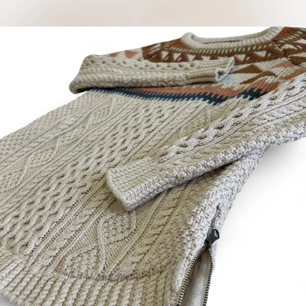 L.L.Bean Signature Cotton Fisherman Tunic Sweater Fair Isle Cable-knit Woman SM - Picture 4 of 9